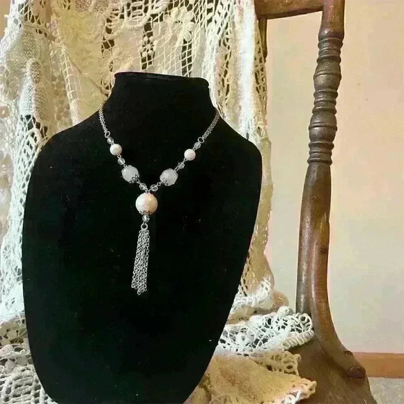 Pink Drop Necklace Faux Pearl Silver Beads Tassel Adjustable Lobster Clasp - Picture 2 of 5